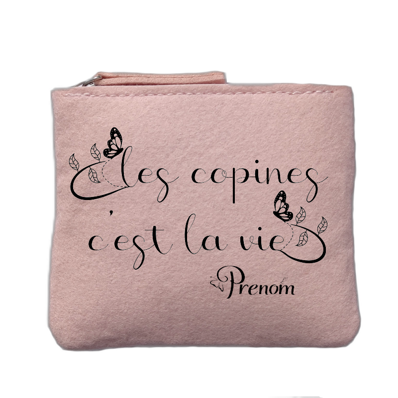 Porte monnaie personnalisé motif copine vie rose clair en feutrine en feutrine
