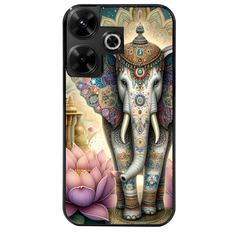 Coque noire taperso pour POCO M6 4G avec motif elephant et lotus protection antichoc personnalisée
