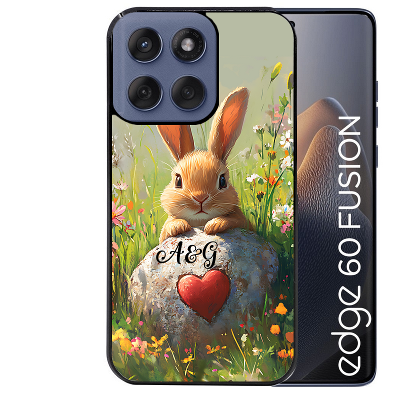 Coque noire taperso pour Moto Edge 60 et Neo Fusion Pro avec motif lapin et fleurs personnalisee protection antichoc personnalisée