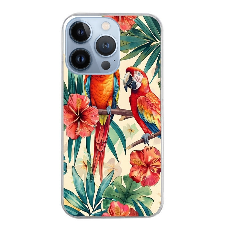 Coque taperso pour Iphone 14 et PRO PLUS PRO MAX avec motif perroquet et fleurs protection antichoc personnalisée