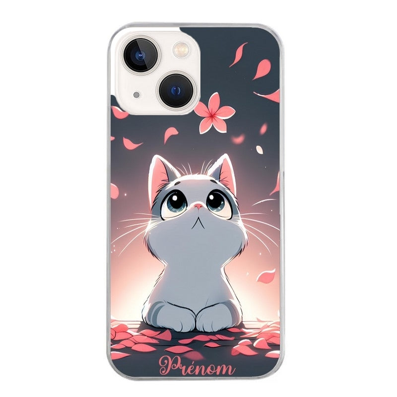 Coque taperso pour Iphone 15 et PRO PLUS PRO MAX avec motif chat anime avec votre prenom protection antichoc personnalisée