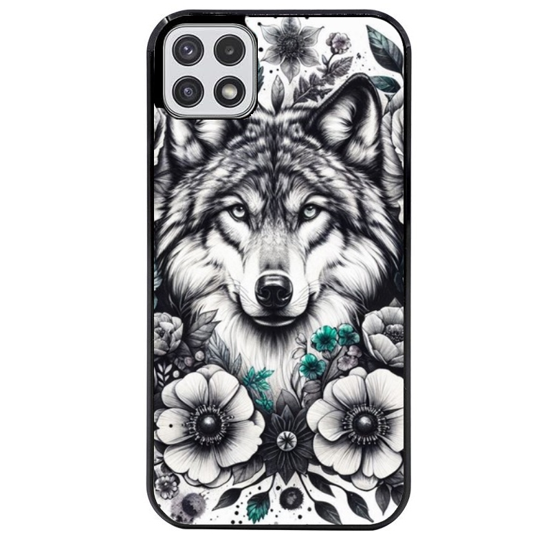 Coque noire taperso pour galaxy A22 A32 A52 A52S 4G 5G  avec motif loup et fleur protection antichoc personnalisée