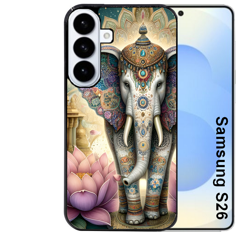 Coque noire taperso pour galaxy S26 et PLUS ULTRA FE avec motif elephant et lotus protection antichoc personnalisée