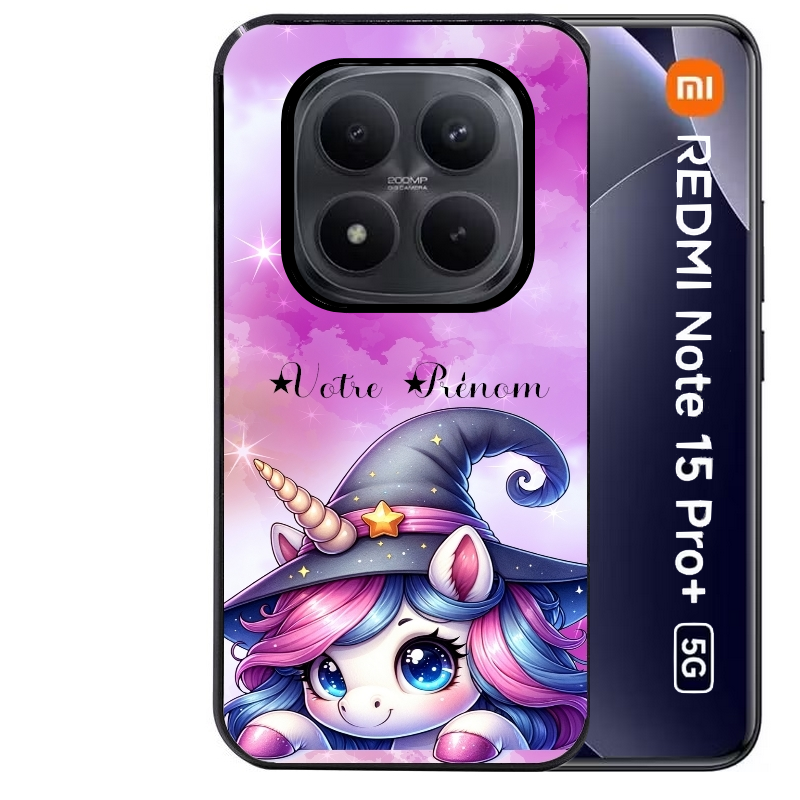 Coque noire taperso pour Redmi Note 15 et PRO PLUS 4G 5G avec motif licorne magic avec prenom protection antichoc personnalisée