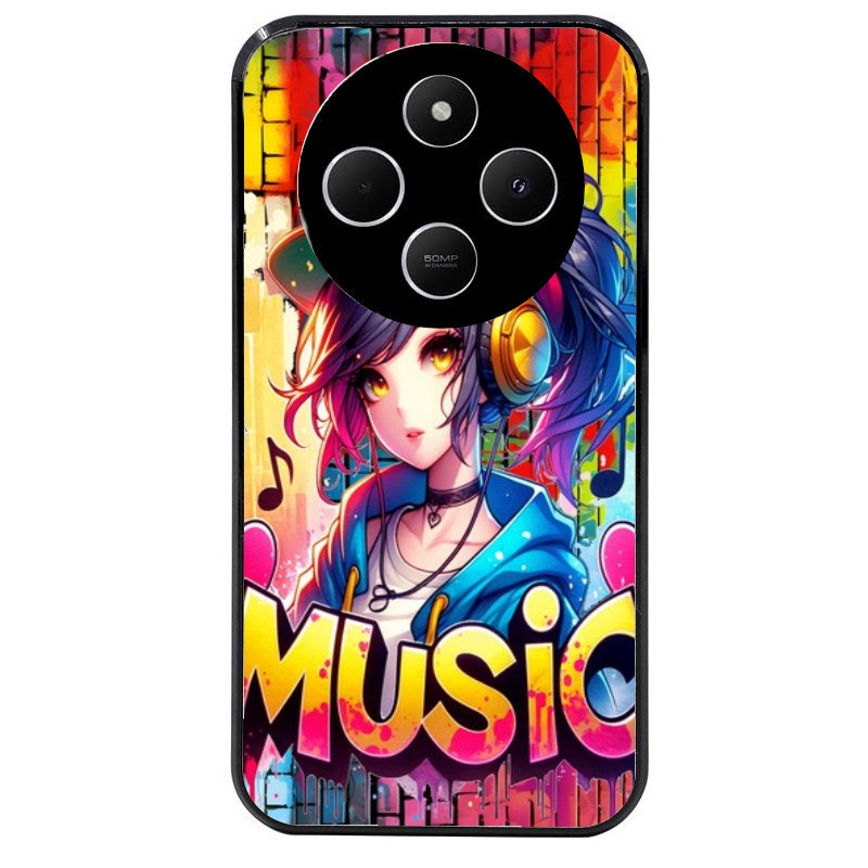 Coque noire taperso pour POCO C75 avec motif anime manga et music protection antichoc personnalisée