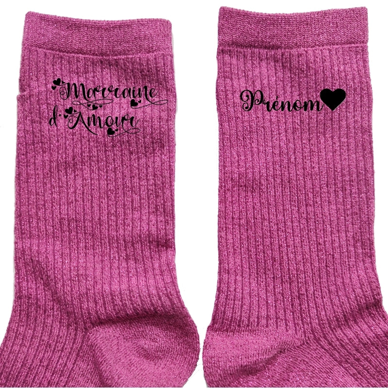 Chaussettes personnalisée paillettes rose motif marraine d'amour