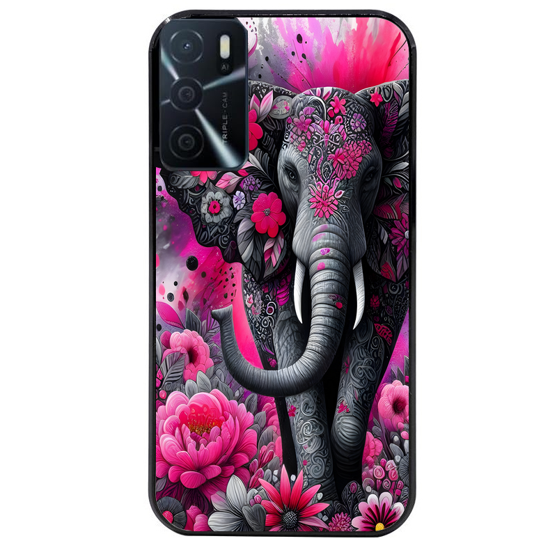 Coque noire taperso pour OPPO A16 et A16S avec motif elephant et fleurs protection antichoc personnalisée