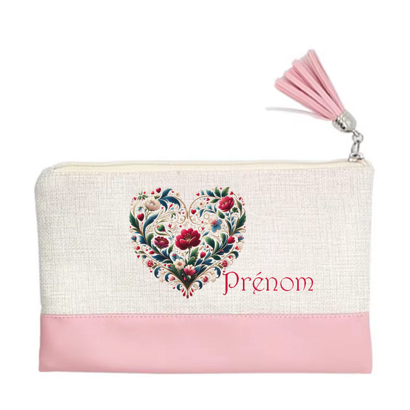 Pochette personnalisée motif cœur fleur en toile et simili cuir personnalisée