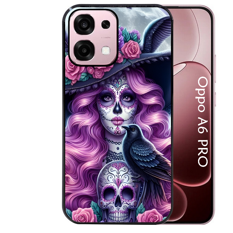 Coque noire taperso pour OPPO A6 PRO 4G et 5G avec motif tete de mort calavera et corbeau protection antichoc personnalisée
