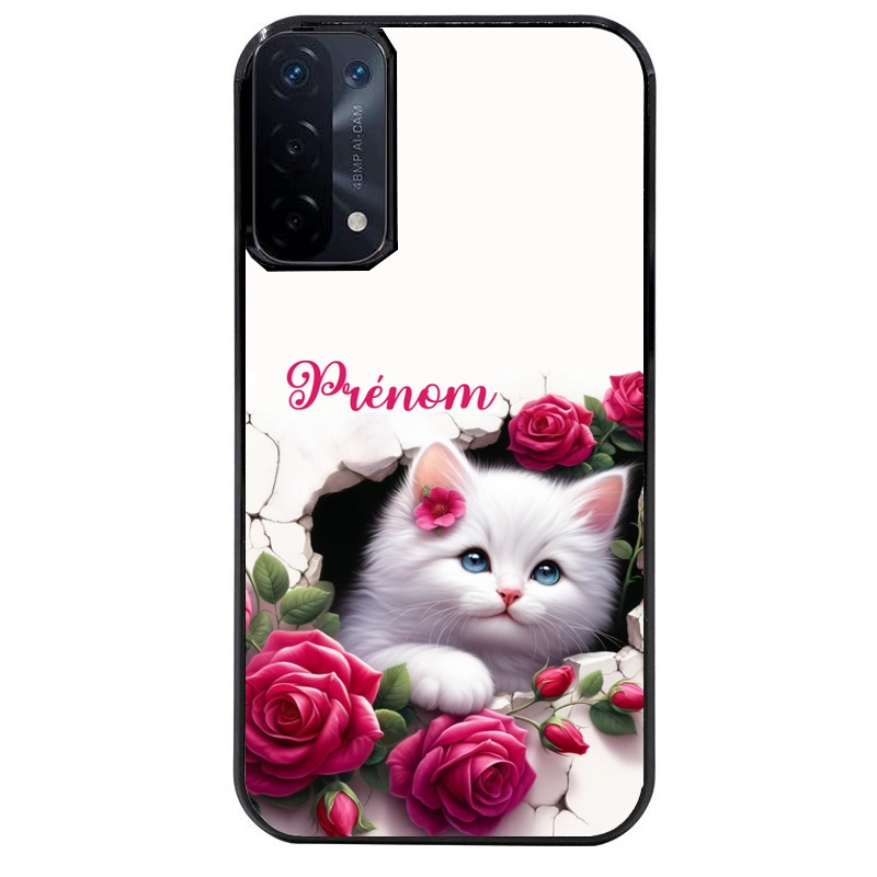 Coque noire taperso pour OPPO A54 et A74 5G avec motif chat fleurs personnalisee protection antichoc personnalisée