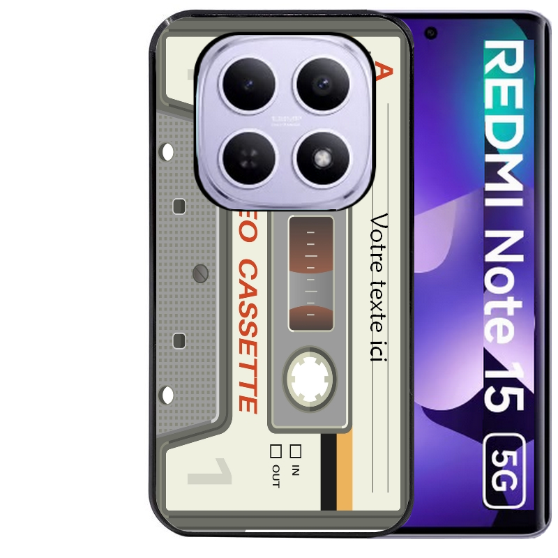 Coque noire taperso pour Redmi Note 15 et PRO PLUS 4G 5G avec motif cassette grise personnalisable protection antichoc personnalisée