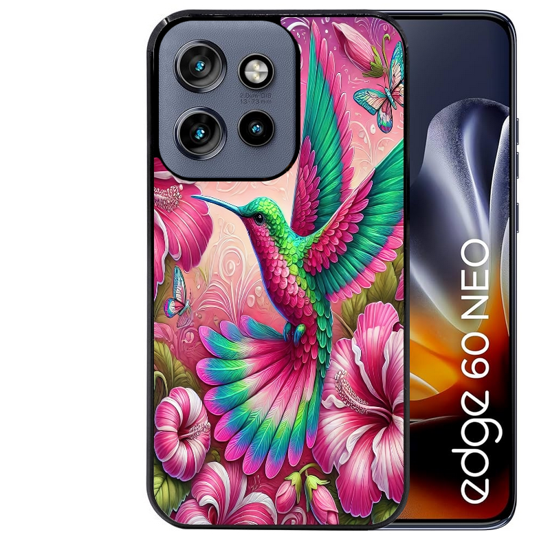 Coque noire taperso pour Moto Edge 60 et Neo Fusion Pro avec motif colibri et fleurs protection antichoc personnalisée