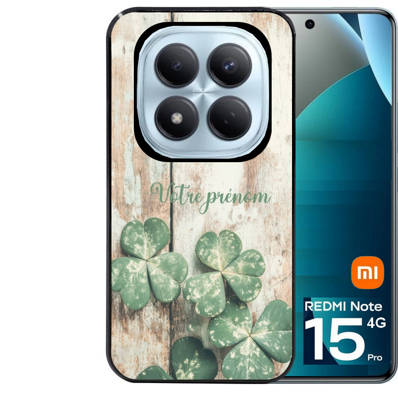 Coque noire taperso pour Redmi Note 15 et PRO PLUS 4G 5G avec motif bois et trefle personnalisee protection antichoc personnalisée