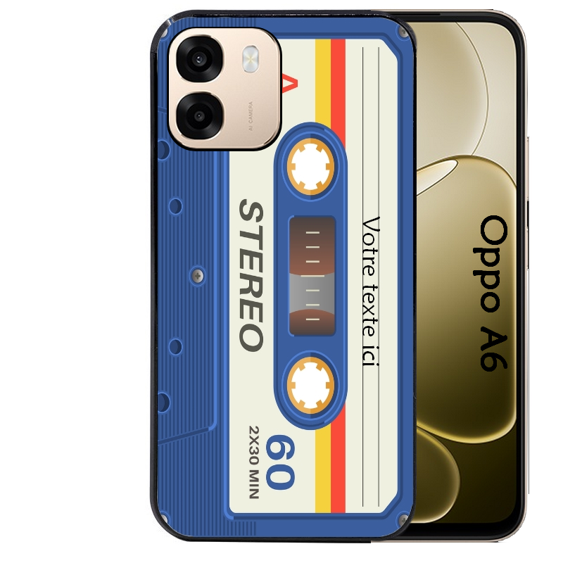 Coque noire taperso pour OPPO A6 A6X 4G et 5G personnalisable avec motif cassette bleu protection antichoc personnalisée