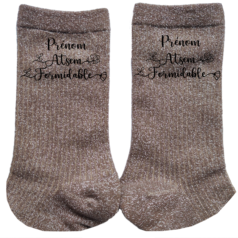 Chaussettes personnalisées paillettes bronze motif atsem formidable