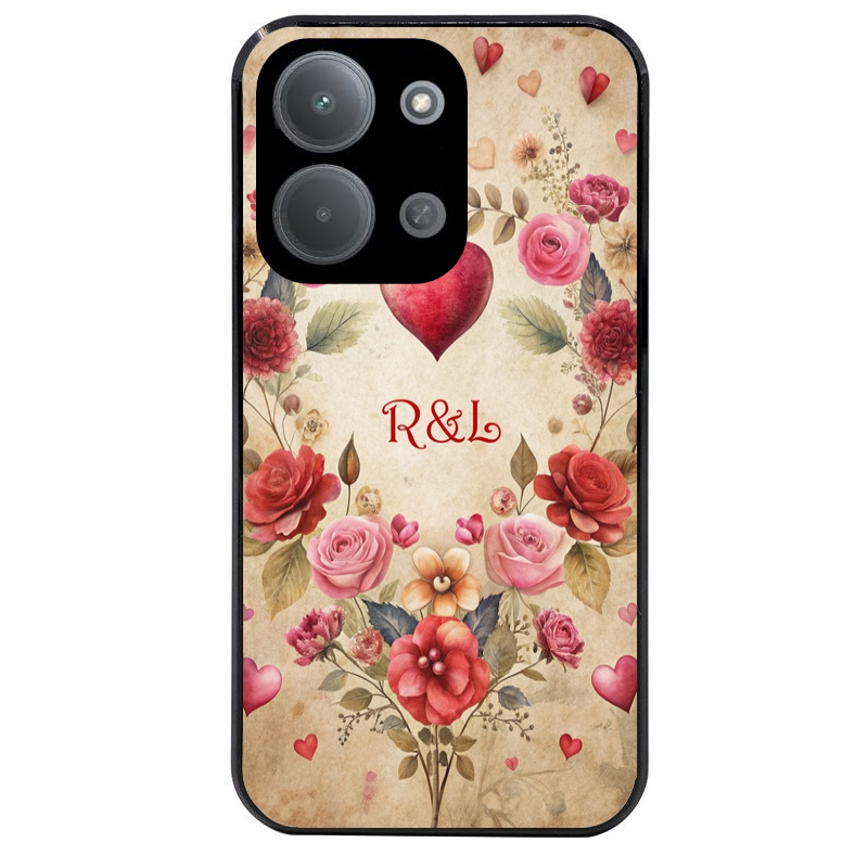 Coque noire taperso pour POCO C85 avec motif coeur vintage et initiales personnalisee protection antichoc personnalisée