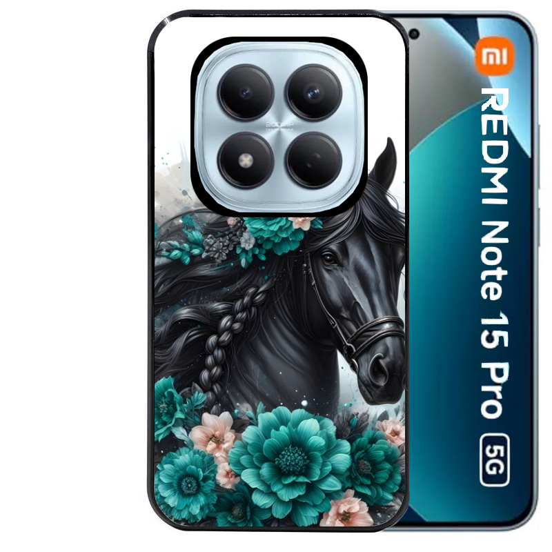 Coque noire taperso pour Redmi Note 15 et PRO PLUS 4G 5G avec motif cheval et fleurs personnalisee protection antichoc personnalisée