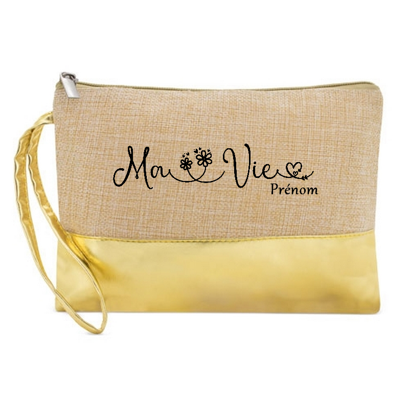 Pochette personnalisée ma vie et fleur en jute et doré en jute et doré