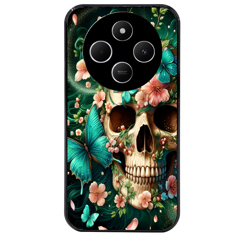 Coque noire taperso pour POCO C75 avec motif tete de mort skull printemps protection antichoc personnalisée