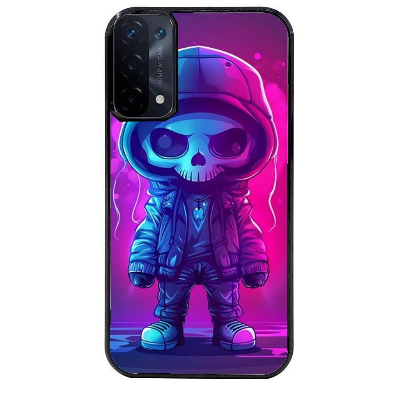 Coque noire taperso pour OPPO A54 et A74 5G avec motif tete de mort skull fluo protection antichoc personnalisée