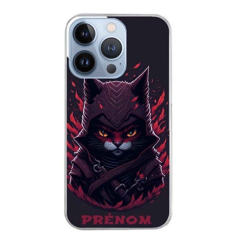 Coque taperso pour Iphone 13 et PRO MINI PRO MAX avec motif chat samourai personnalise protection antichoc personnalisée