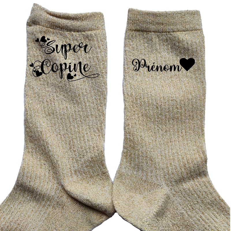 Chaussettes personnalisée paillettes doré motif super copine