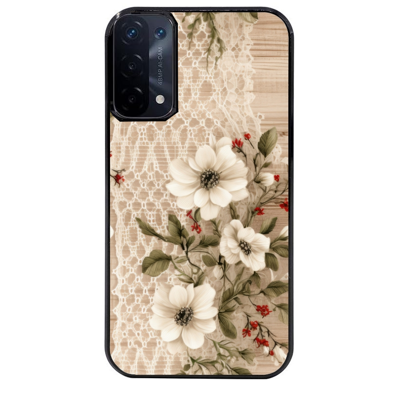Coque noire taperso pour OPPO A54 et A74 5G avec motif bois et dentelle 2 protection antichoc personnalisée