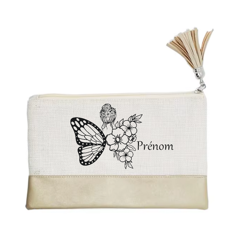 Pochette personnalisée motif femme papillon en toile et simili cuir personnalisée