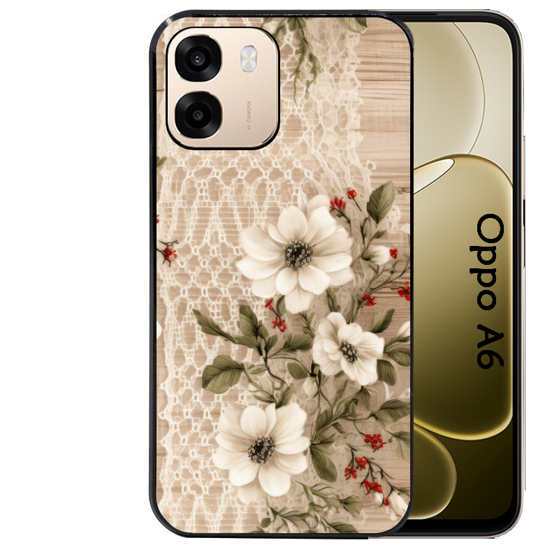 Coque noire taperso pour OPPO A6 A6X 4G et 5G avec motif bois et dentelle 2 protection antichoc personnalisée
