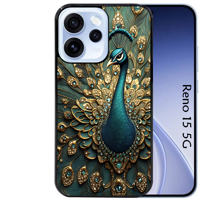 Coque noire taperso pour OPPO Reno 15 et F FS 5G avec motif paon bijoux protection antichoc personnalisée