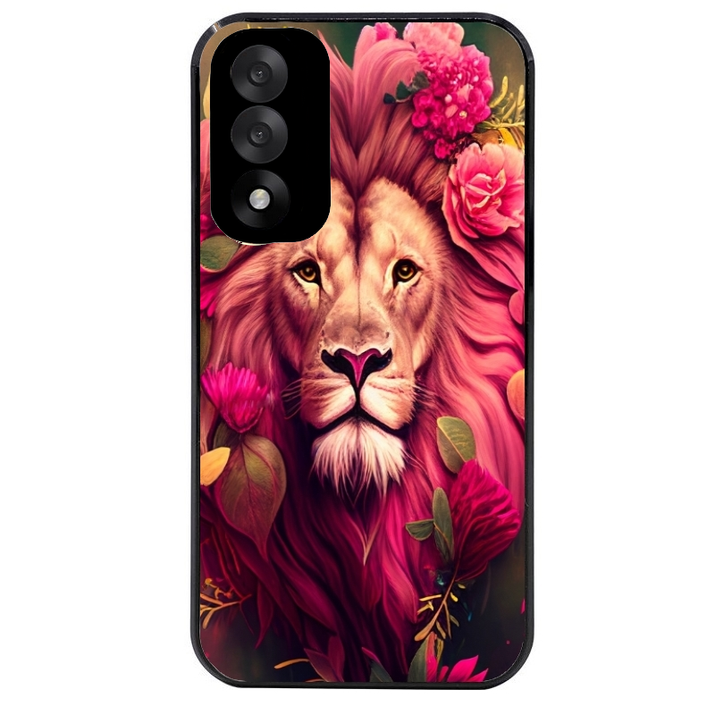 Coque noire taperso pour OnePlus Nord 5 avec motif lion et fleurs rose protection antichoc personnalisée