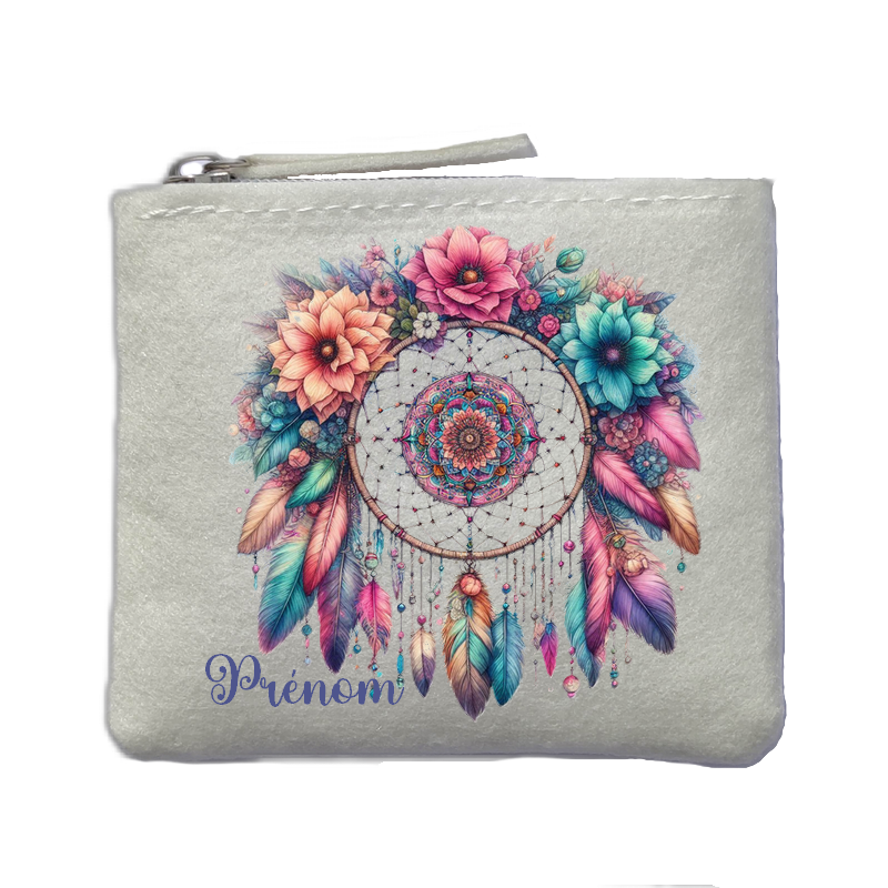Porte monnaie personnalisé dreamcatcher fleurs ivoire en feutrine en feutrine ivoire