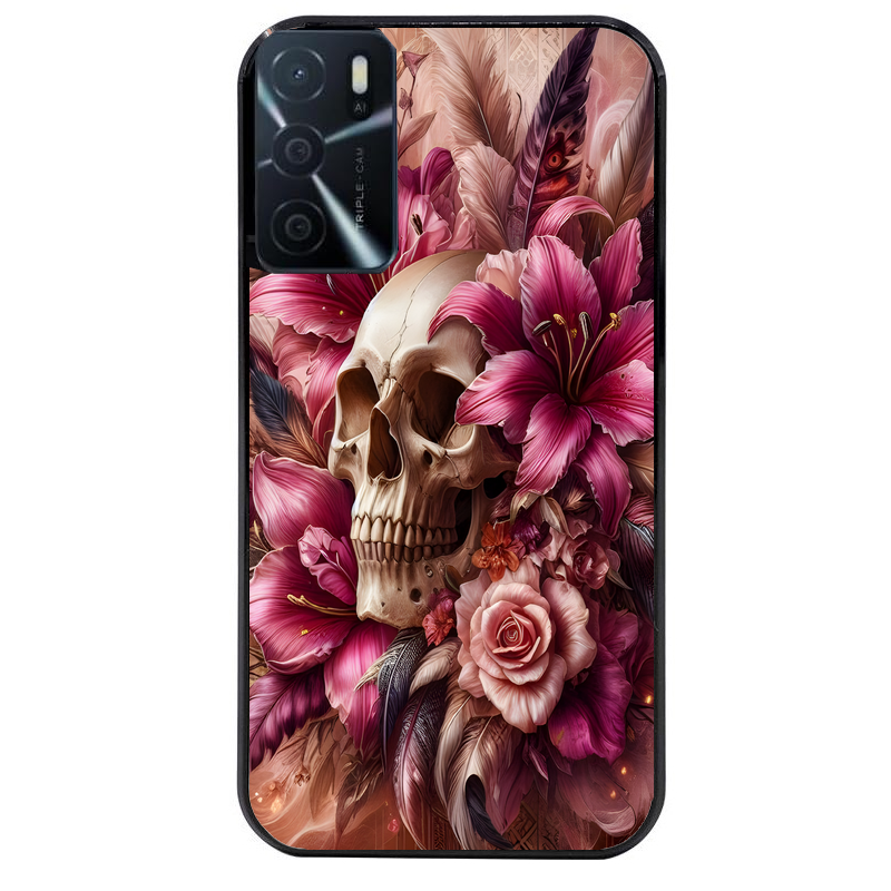 Coque noire taperso pour OPPO A16 et A16S avec motif tete de mort skull plume protection antichoc personnalisée