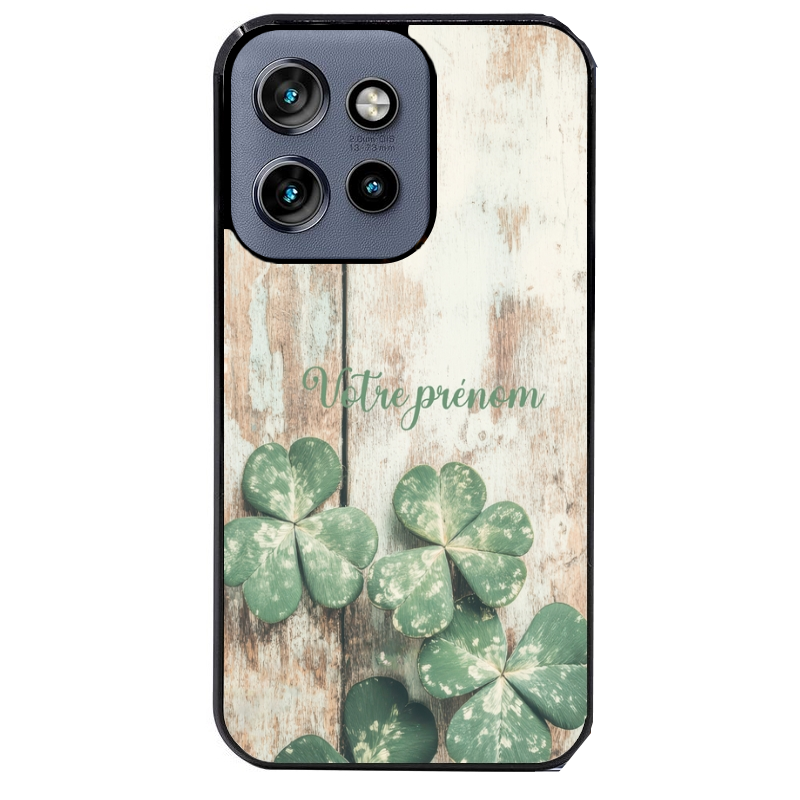 Coque noire taperso pour Moto Edge 60 et Neo Fusion Pro avec motif bois et trefle personnalisee protection antichoc personnalisée