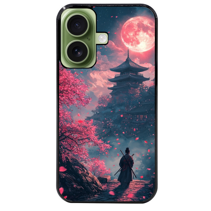 Coque noire taperso pour Iphone 16 16E PLUS MAX PRO avec motif samourai cerisier protection antichoc personnalisée