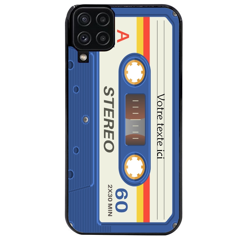 Coque noire taperso pour galaxy A22 A32 A52 A52S 4G 5G  personnalisable avec motif cassette bleu protection antichoc personnalisée