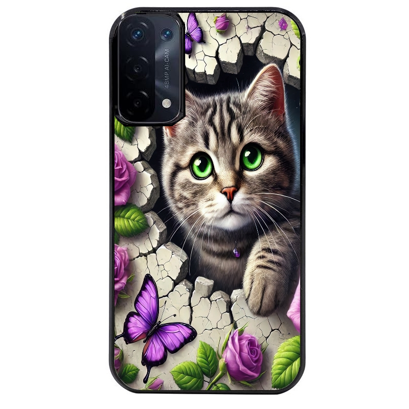 Coque noire taperso pour OPPO A54 et A74 5G avec motif chat papillon 3 protection antichoc personnalisée
