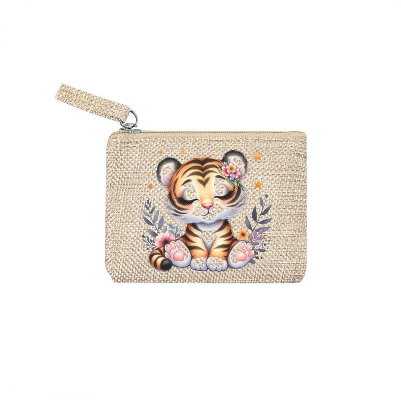 Pochette personnalisée motif tigre et fleur en toile et simili cuir personnalisée
