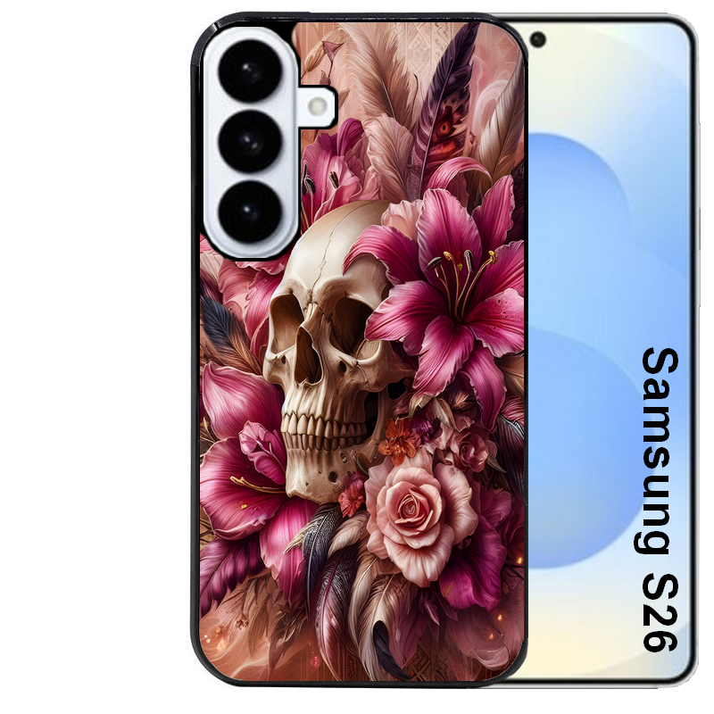 Coque noire taperso pour galaxy S26 et PLUS ULTRA FE avec motif tete de mort skull plume protection antichoc personnalisée