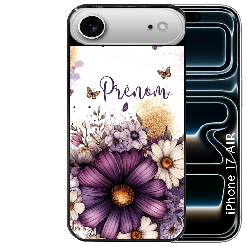 Coque noire taperso pour Iphone 17 17E AIR MAX PRO avec motif fleur violette personnalisee protection antichoc personnalisée