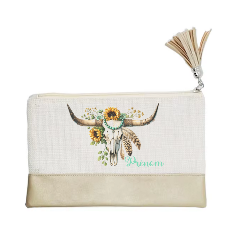 Pochette personnalisée motif skull bull plume en toile et simili cuir personnalisée