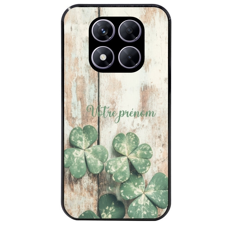 Coque noire taperso pour Redmi Note 14 et PRO PLUS 4G 5G avec motif bois et trefle personnalisee protection antichoc personnalisée