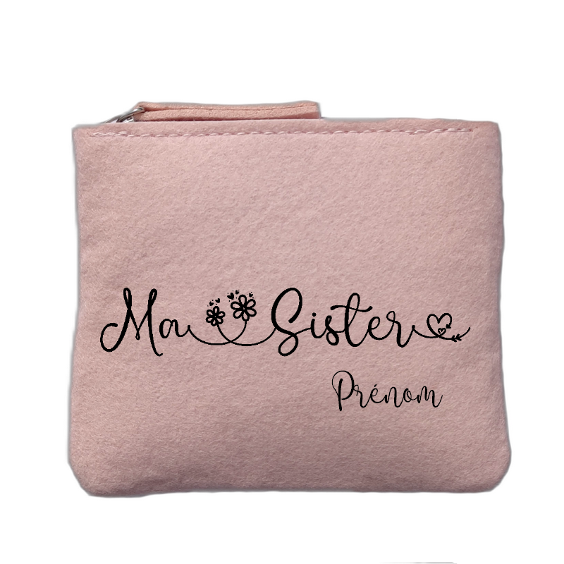 Porte monnaie personnalisé motif soeur sister rose clair en feutrine en feutrine