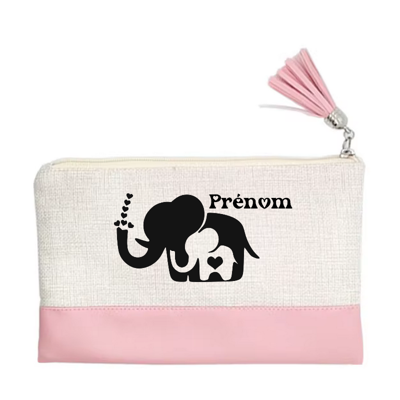 Pochette personnalisée motif elephant maman en toile et simili cuir personnalisée