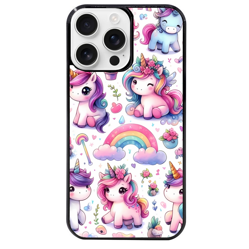 Coque noire taperso pour Iphone 16 16E PLUS MAX PRO avec motif licorne arc en ciel protection antichoc personnalisée
