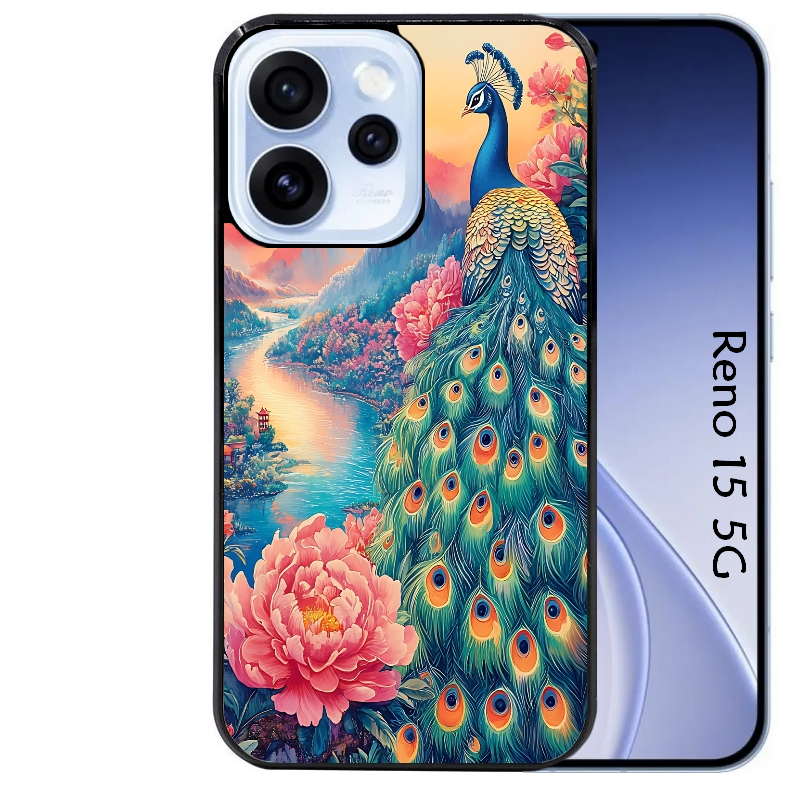 Coque noire taperso pour OPPO Reno 15 et F FS 5G avec motif paon japan protection antichoc personnalisée