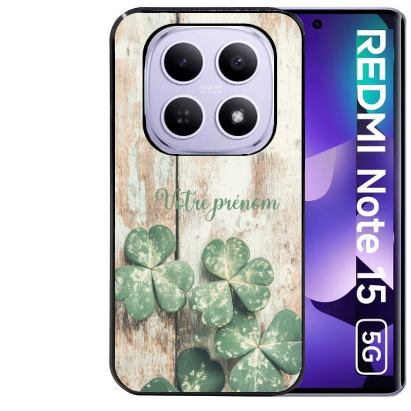 Coque noire taperso pour Redmi Note 15 et PRO PLUS 4G 5G avec motif bois et trefle personnalisee protection antichoc personnalisée