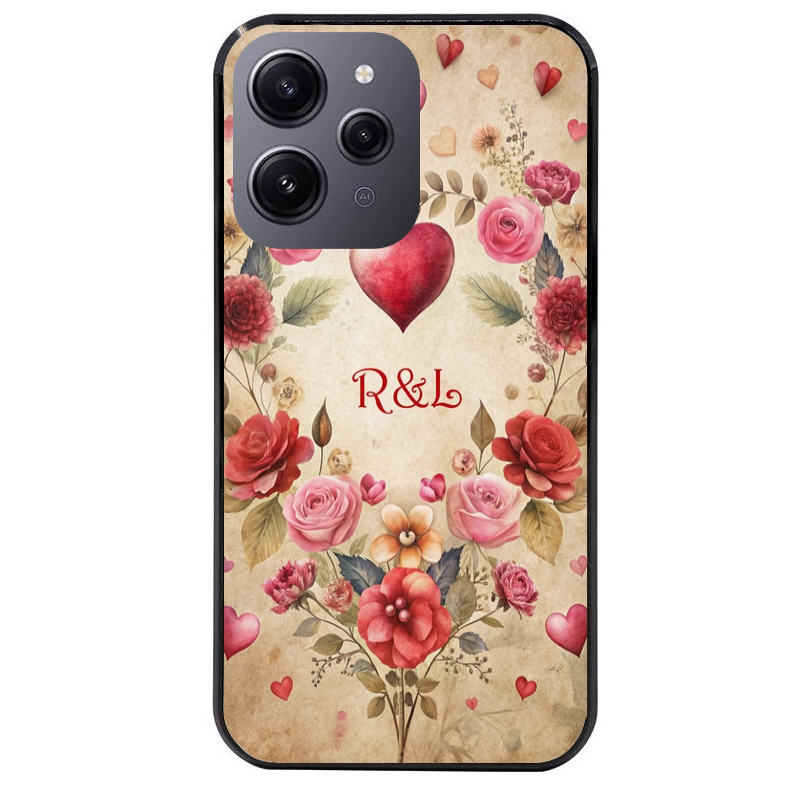 Coque noire taperso pour Redmi 12 4G et 5G avec motif coeur vintage et initiales personnalisee protection antichoc personnalisée