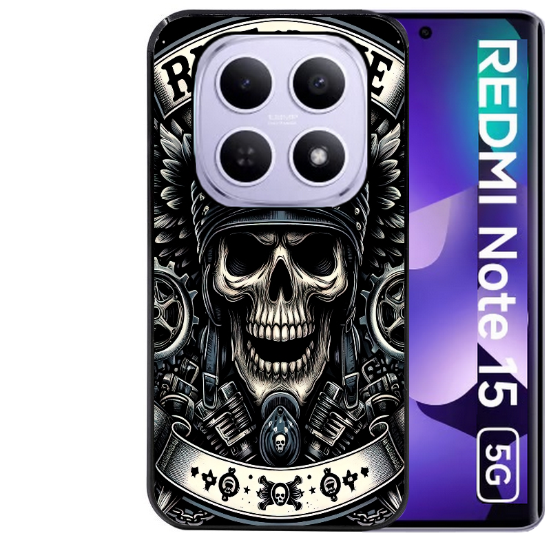 Coque noire taperso pour Redmi Note 15 et PRO PLUS 4G 5G avec motif mort motard protection antichoc personnalisée