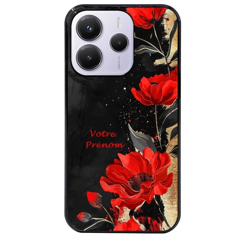 Coque noire taperso pour Redmi Note 14 et PRO PLUS 4G 5G avec motif fleur rouge avec prenom protection antichoc personnalisée